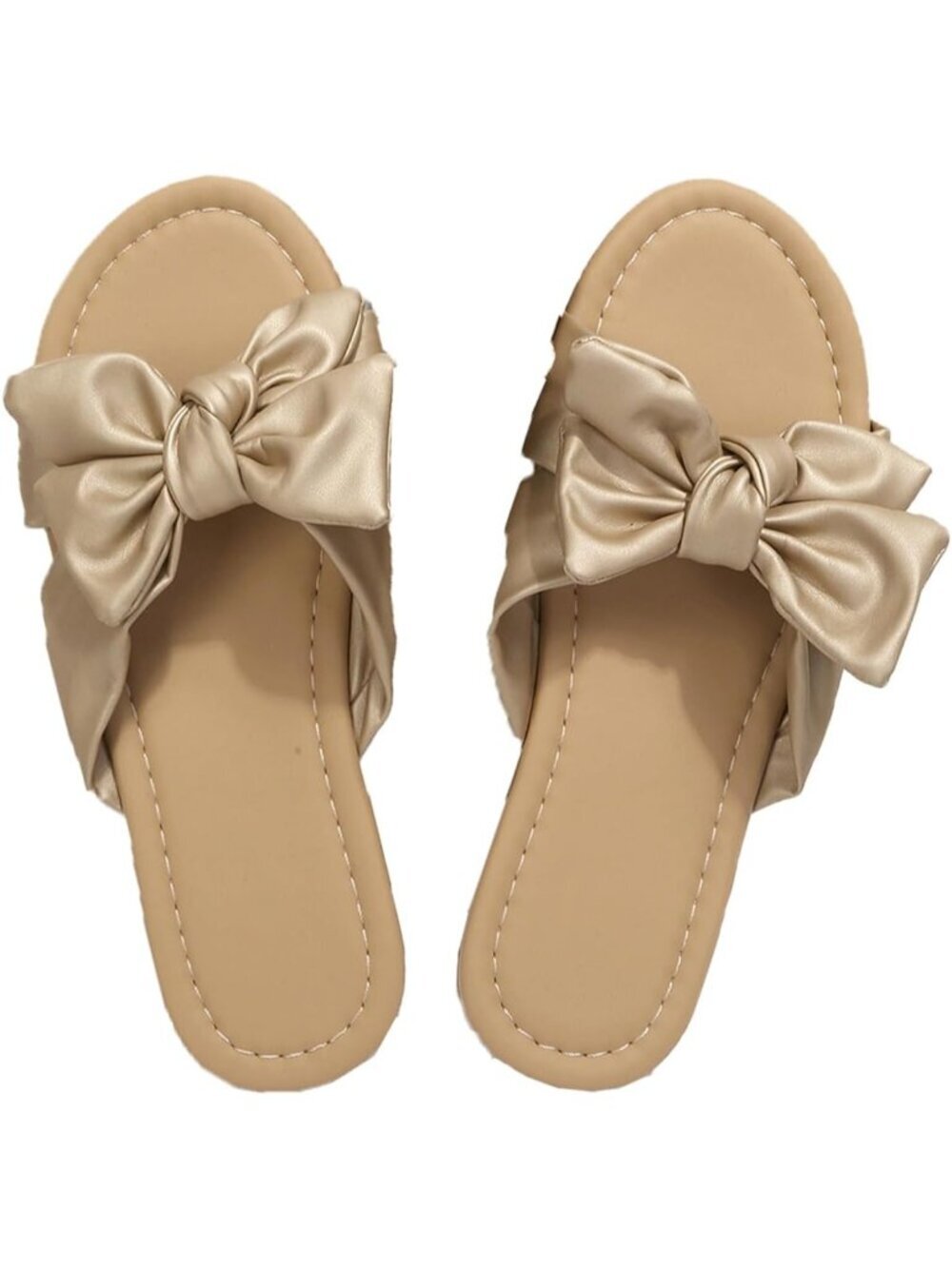 Women's Champagne Gold Bow Knot Slip On Flat Open Toe Slides Beach Slippers